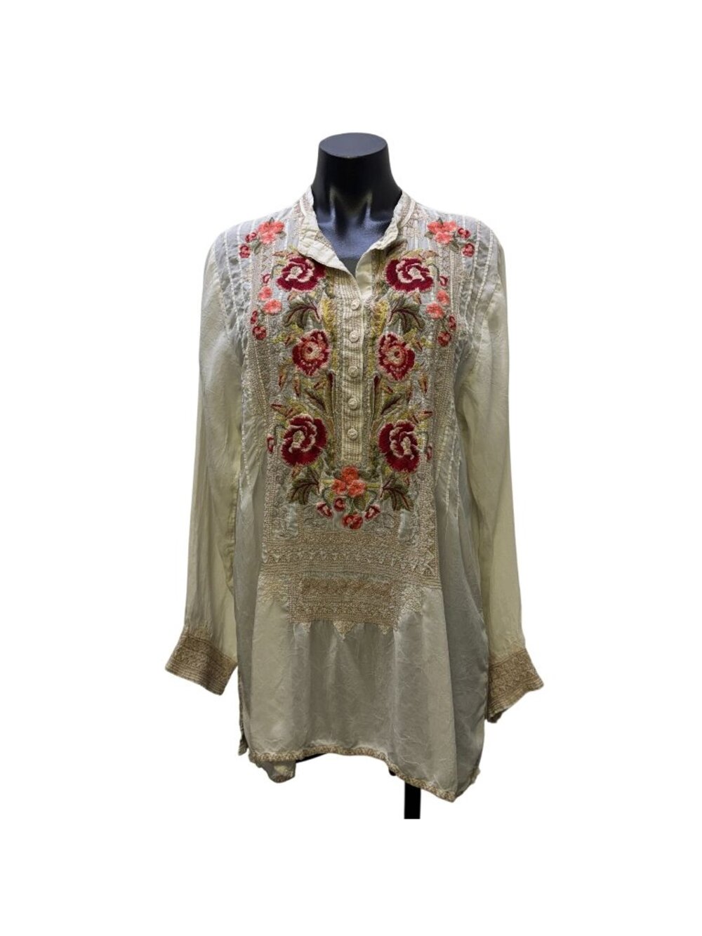 Johnny Was Ivory Floral Embroidered Long Sleeve Blouse Size L